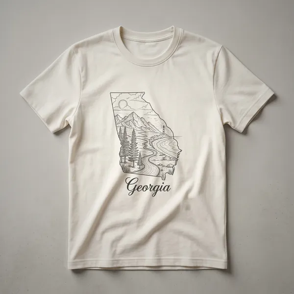 Black graphic t-shirt featuring a line art sketch of the Georgia state outline filled with a landscape scene including mountains, pine trees, a winding road, and a lighthouse.