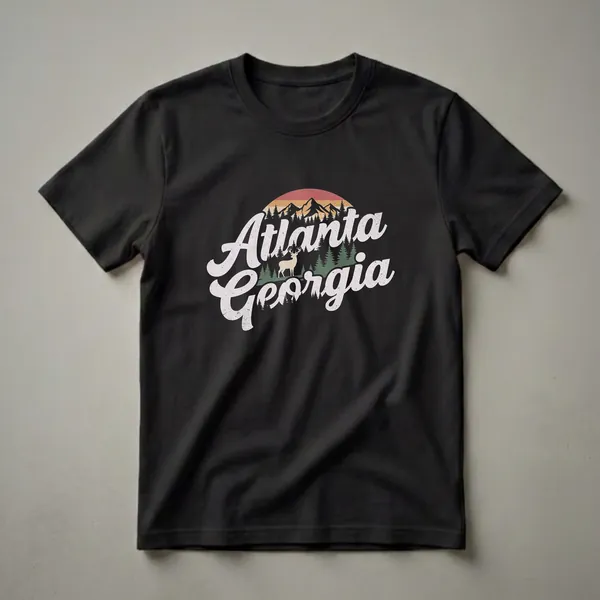 Black t-shirt with a retro graphic design featuring the words "Atlanta Georgia" in a vintage script, set against a sunset, mountains, pine trees, and a deer.