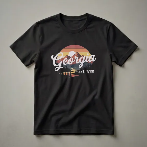 Black graphic t-shirt with a retro design of mountains, pine trees, a river, and a sunset, featuring the word 'Georgia' and 'EST. 1788'.