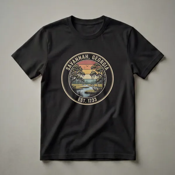 Black t-shirt with a circular retro design of a Savannah, Georgia marsh scene, featuring a heron, Spanish moss-draped trees, and a striped sunset.
