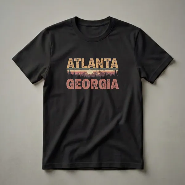 Black t-shirt with a retro graphic design featuring the words 'ATLANTA GEORGIA' in distressed fonts, set against a vintage sunset landscape with mountains and pine trees.