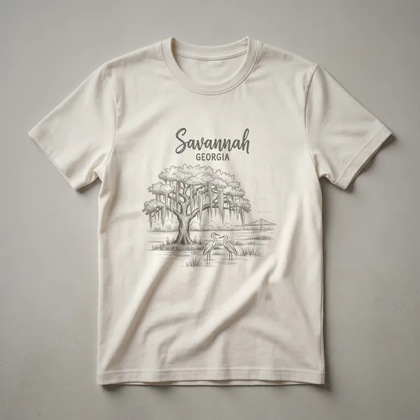 Black graphic t-shirt featuring a sketch of Savannah, Georgia with Spanish moss trees, two wading birds in water, and a bridge in the background.