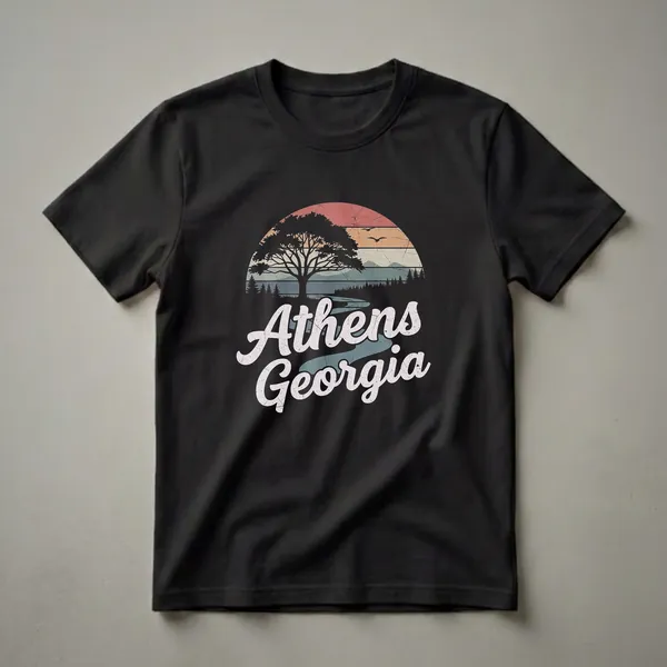 Black t-shirt featuring a retro graphic design of Athens, Georgia with a large tree, winding river, pine trees, distant mountains, and birds under a segmented sunset.
