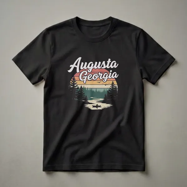 Black t-shirt with a retro graphic design that reads 'Augusta Georgia' over a sunset scene with pine trees and a canoeist on a river.