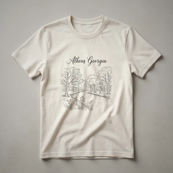 A black graphic t-shirt featuring a line art sketch of a forest scene with a winding path and trees, with the words 'Athens Georgia' in script at the top.