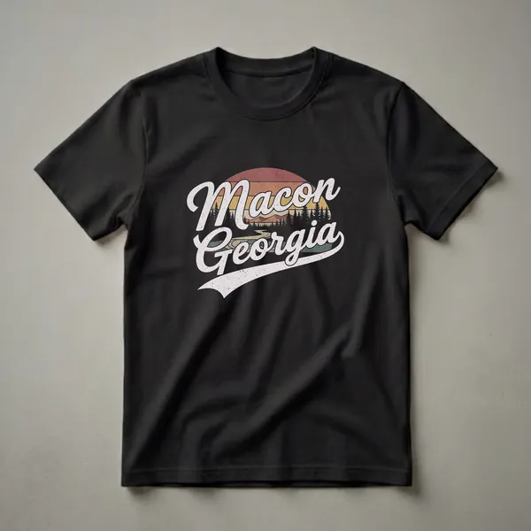 Black t-shirt with a retro graphic design that reads 'Macon Georgia' over a stylized sunset landscape with pine trees and mountains.