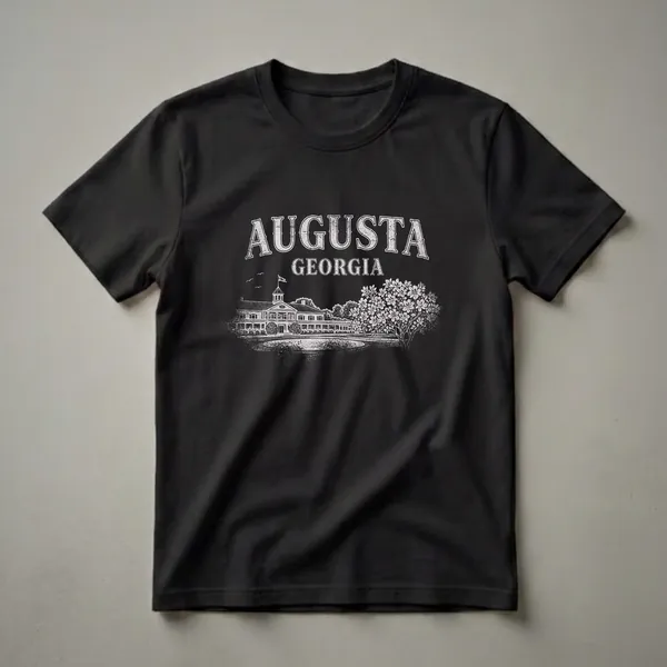 Black t-shirt with a vintage white graphic of a building in Augusta, Georgia, featuring a tower, flag, trees, and a flowering bush.