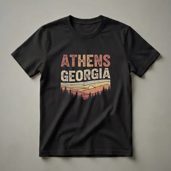 Black t-shirt with 'ATHENS GEORGIA' in distressed retro font above a stylized sunset with rolling hills and pine trees.