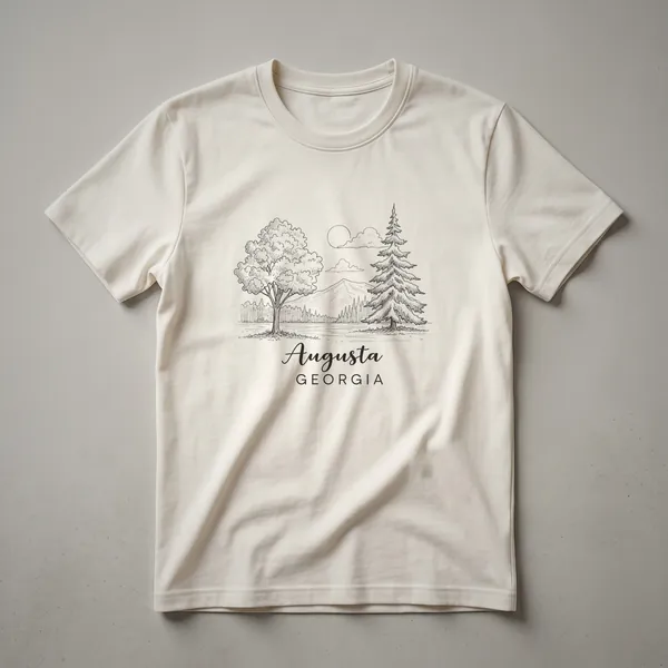 Black graphic t-shirt featuring a sketch of a natural landscape with trees, mountains, and water, with 'Augusta GEORGIA' text below.