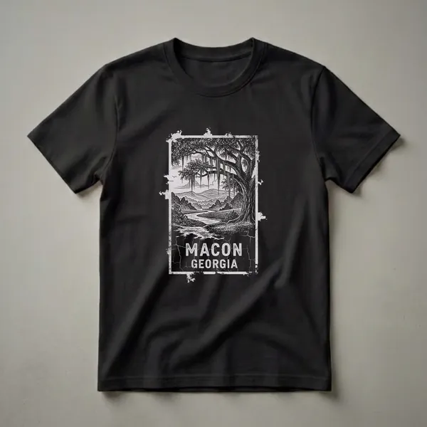 Black and white graphic t-shirt featuring a vintage illustration of Macon, Georgia with an oak tree, Spanish moss, a river, and rolling hills.
