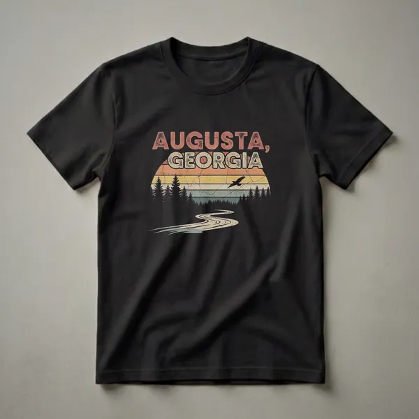 Black t-shirt with a retro graphic design featuring 'AUGUSTA, GEORGIA' text, a striped sunset, pine trees, a winding river, and a bird in flight.