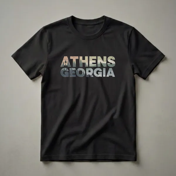 Black t-shirt with distressed text 'ATHENS GEORGIA' overlayed with a vintage forest landscape featuring pine trees and muted colors.
