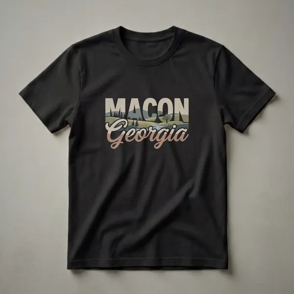 Black graphic t-shirt featuring the word 'MACON' in large, distressed block letters above the word 'Georgia' in a retro script, overlaid on a vintage landscape scene with rolling hills, trees, and a river.