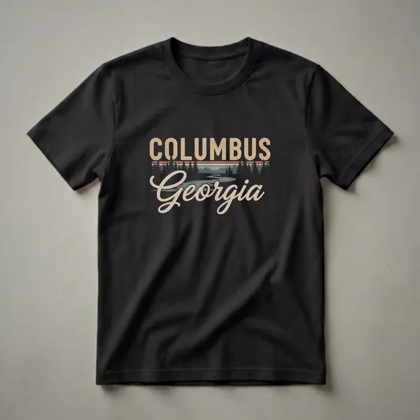 Black t-shirt with a retro graphic design that reads 'COLUMBUS Georgia' over a stylized vintage landscape of trees and a river.