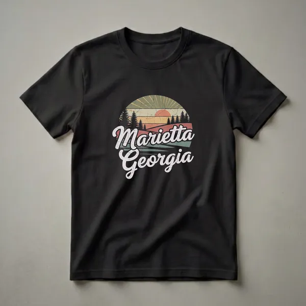 Black t-shirt with a retro graphic design featuring a sunset over pine trees and the words 'Marietta Georgia' in distressed white script.