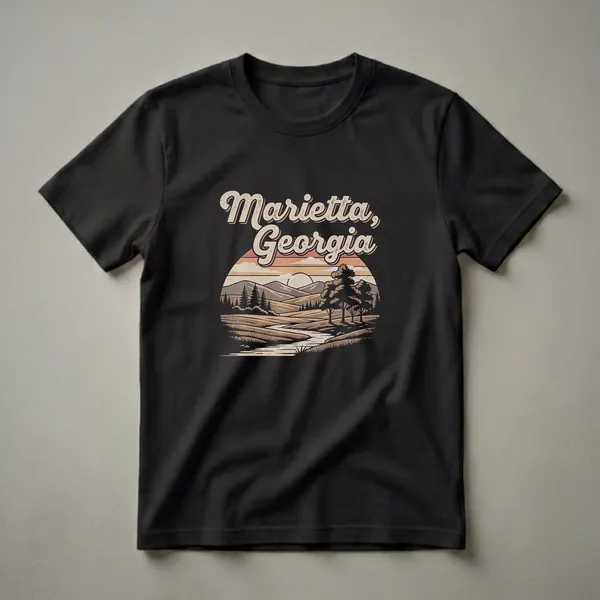 Black t-shirt with a retro graphic design featuring the text 'Marietta, Georgia' above a landscape scene with a sunset, rolling hills, trees, and a winding river.