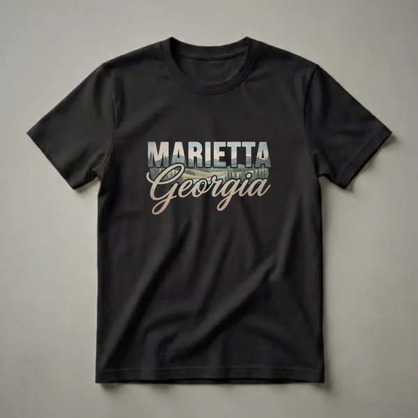 Black t-shirt with a retro graphic design that reads 'Marietta Georgia' over a landscape of hills, pine trees, and a river.
