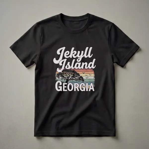 Black t-shirt with a retro graphic design featuring 'Jekyll Island' and 'GEORGIA' text, a vintage sunset, a live oak tree with Spanish moss, and flying seagulls.
