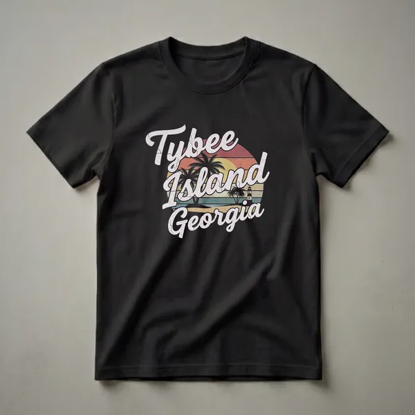 Black t-shirt with a retro graphic design that reads 'Tybee Island Georgia' over a sunset scene with palm trees and a lighthouse.