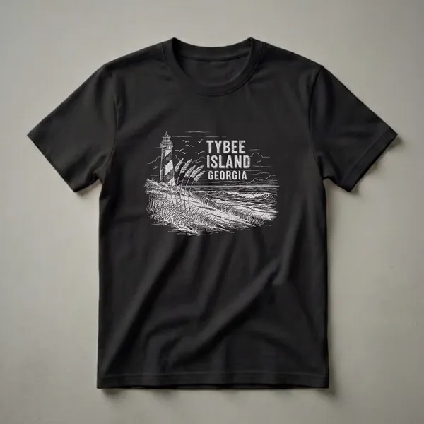 Black t-shirt with a vintage sketch art design of the Tybee Island Lighthouse, ocean waves, dune grass, and seagulls, with the text 'TYBEE ISLAND GEORGIA'.