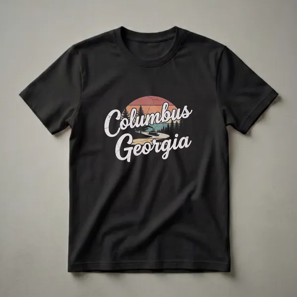 Black t-shirt with a retro graphic design featuring the words Columbus Georgia in distressed white script, set against a vintage sunset with a riverboat on the Chattahoochee River and pine trees.