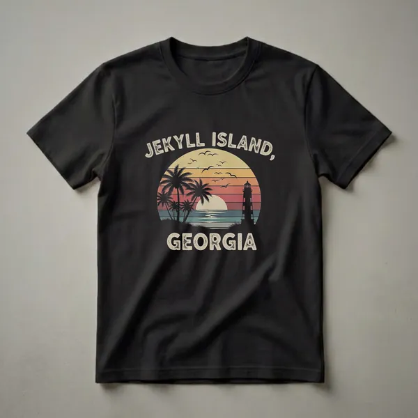 Black t-shirt featuring a retro sunset design with a lighthouse, palm trees, and the words 'JEKYLL ISLAND, GEORGIA' in distressed lettering.