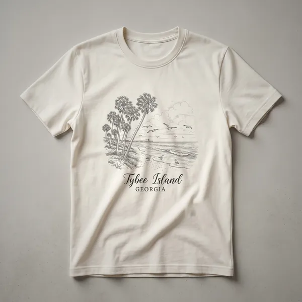 Black line art sketch on a dark shirt depicting Tybee Island, Georgia, with palm trees, a beach, ocean waves, seagulls, and a pier.