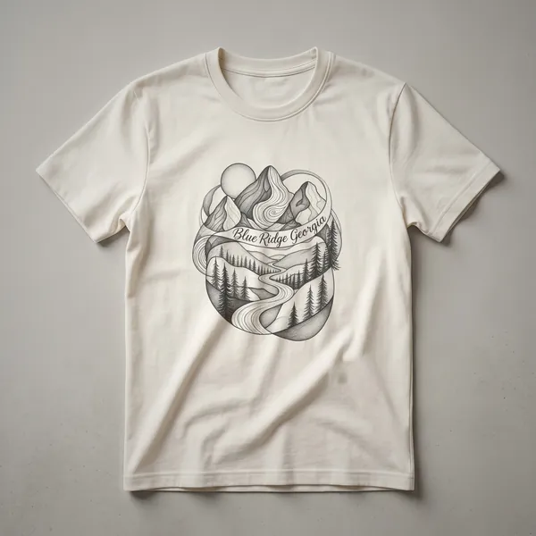 Black line art graphic t-shirt featuring a mountain landscape with pine trees and a winding river, with 'Blue Ridge Georgia' written on a banner.