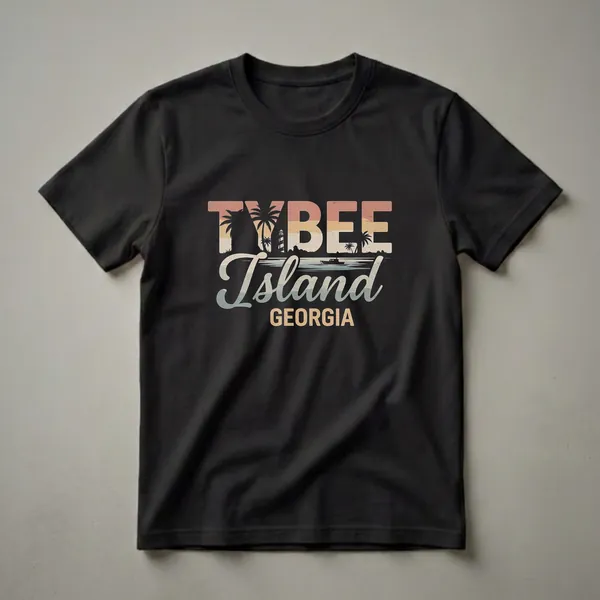 Black t-shirt with a retro graphic design that reads 'TYBEE Island GEORGIA' featuring a sunset, palm trees, a lighthouse, and a boat.