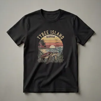 Tybee Island Georgia Sea Turtle Retro Sunset Graphic T-Shirt