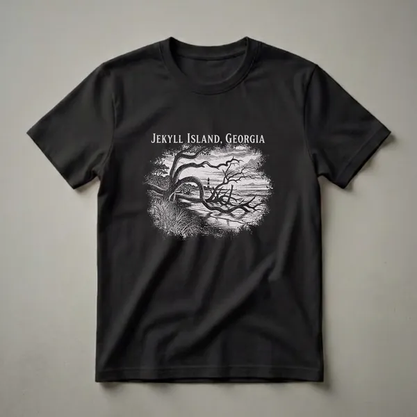 Black t-shirt with a vintage sketch art design of Jekyll Island, Georgia, featuring a lighthouse, driftwood trees, coastal grasses, and the ocean.