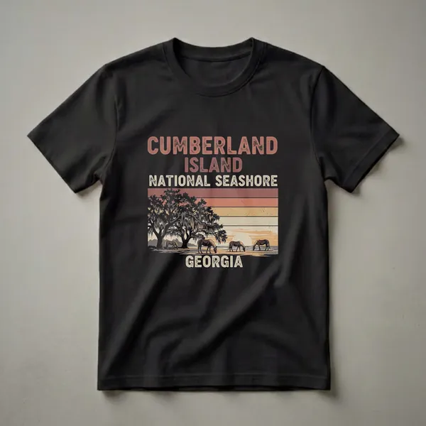 Black t-shirt with a retro graphic design of wild horses grazing under live oak trees with Spanish moss, set against a sunset with horizontal stripes, and the text 'Cumberland Island National Seashore Georgia'.