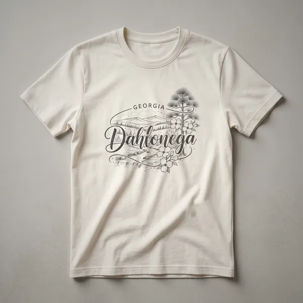 Line art graphic t-shirt featuring the word Dahlonega in script, with GEORGIA above, set against a backdrop of mountains, pine trees, and dogwood blossoms.