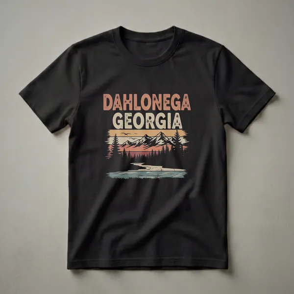 Black t-shirt with retro graphic design featuring 'DAHLONEGA GEORGIA' in distressed font over a mountain landscape with pine trees and a river.