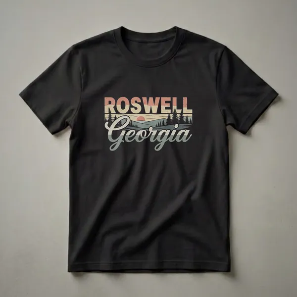 Black t-shirt with a retro graphic design featuring the words "Roswell Georgia" over a vintage sunset landscape with mountains and pine trees.