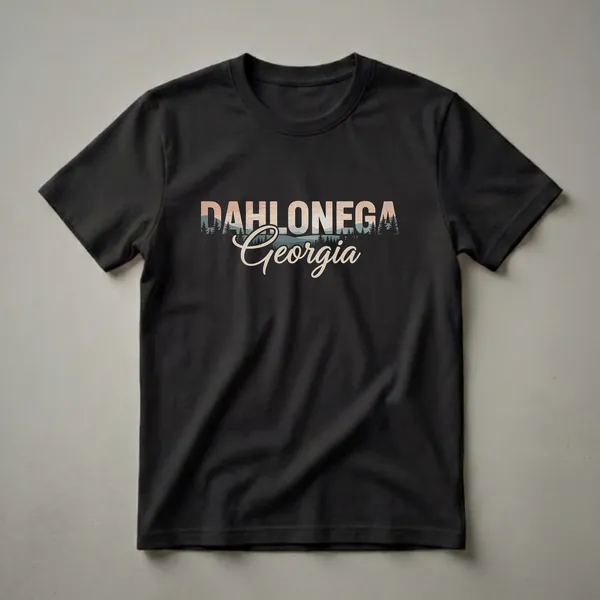 Black t-shirt featuring the words "DAHLONEGA Georgia" in a retro design with a mountain lake and pine tree landscape.