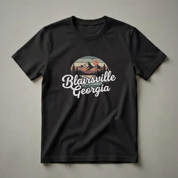 Black t-shirt featuring a retro graphic design of mountains, pine trees, a sunset, and the text 'Blairsville Georgia'.