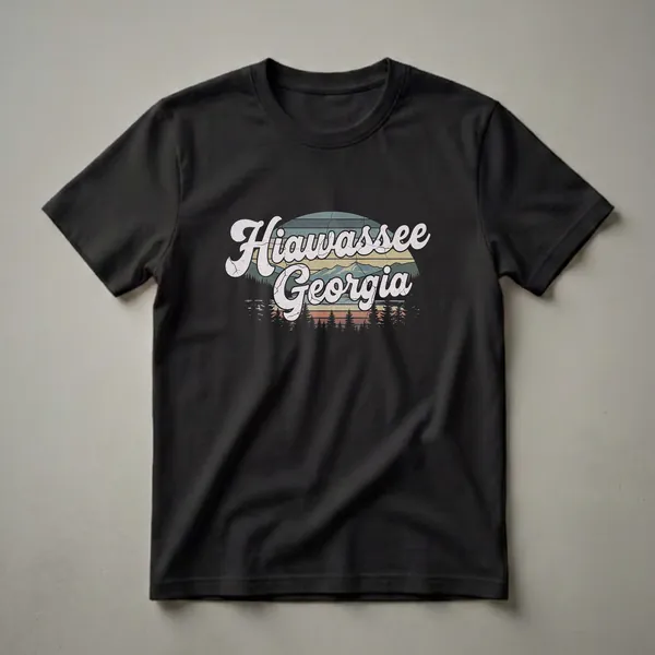 Black t-shirt with a retro graphic design featuring 'Hiawassee Georgia' in white script over a stylized sunset with mountains and pine trees.