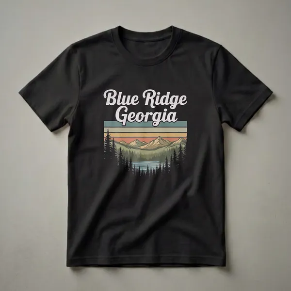 Black t-shirt with a retro graphic design featuring the words 'Blue Ridge Georgia' above a vintage landscape of mountains, a lake, and pine trees.