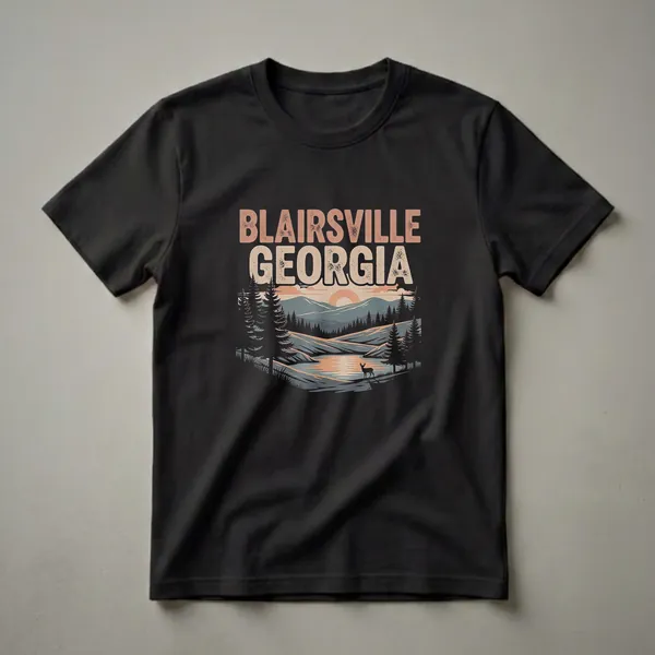 Black t-shirt with a retro graphic design featuring 'Blairsville Georgia' above a sunset landscape with mountains, a lake, pine trees, and a deer.