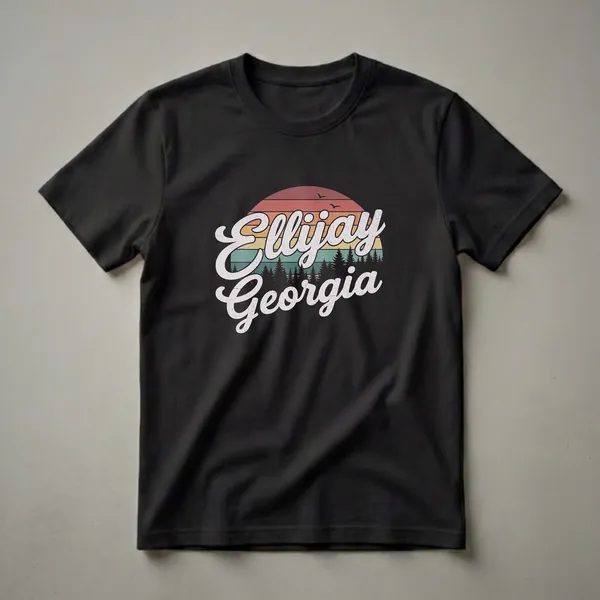 Black t-shirt with a retro graphic design featuring a sunset with horizontal stripes and a silhouette of pine trees, with the words 'Ellijay Georgia' in distressed white script.