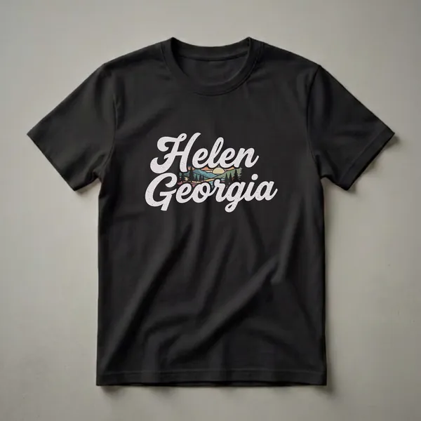 Black t-shirt with retro graphic design featuring 'Helen Georgia' in white script over a stylized mountain lake sunset with pine trees.