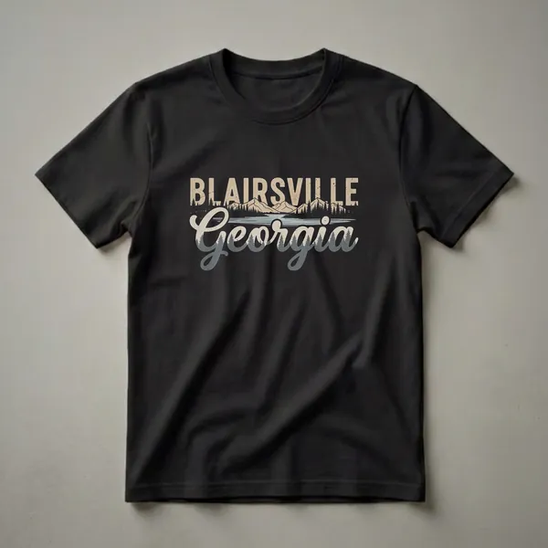Black t-shirt with a retro graphic design that reads 'Blairsville Georgia' over a mountain and lake landscape with pine trees.