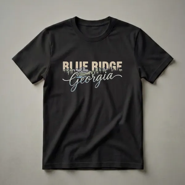 Black t-shirt featuring the words "BLUE RIDGE" in distressed block letters above a stylized mountain range and pine trees, with "Georgia" in a script font below, all in a retro color palette.