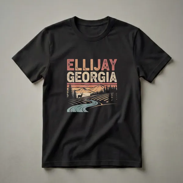 Black t-shirt with a retro graphic design featuring 'ELLIJAY GEORGIA' in distressed lettering above a landscape scene with mountains, trees, a deer, and a winding river.