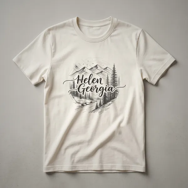 Black sketch art t-shirt featuring the words 'Helen Georgia' with a mountain range, pine trees, and a river scene.