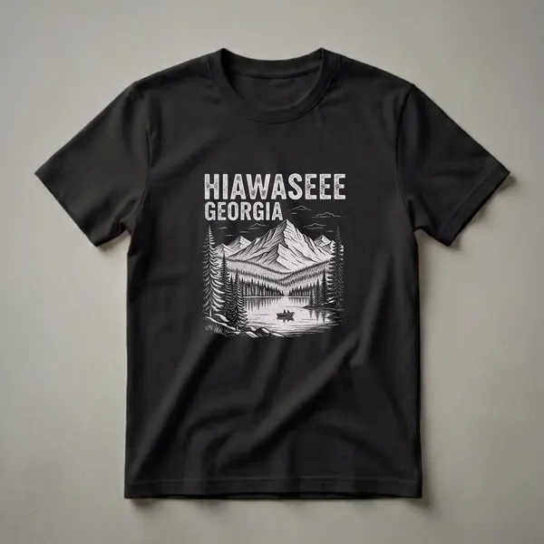Black t-shirt with a vintage graphic design of mountains, a lake with a rowboat, pine trees, and the text "HIAWASEEE GEORGIA" in distressed white lettering.