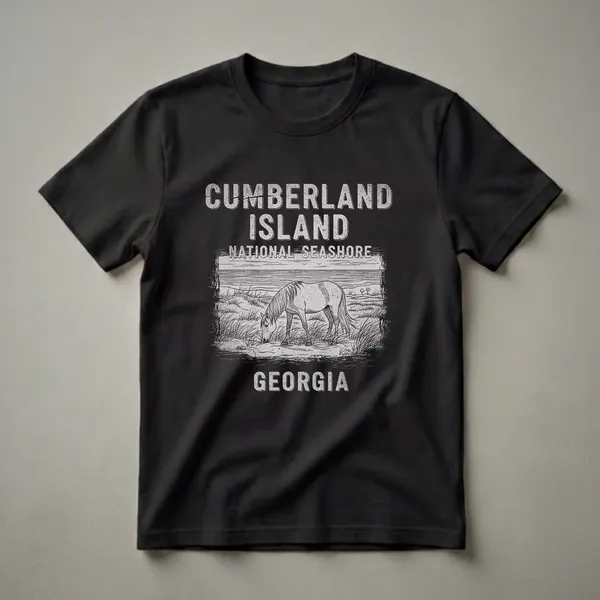 Black t-shirt with a vintage graphic of Cumberland Island National Seashore, Georgia, featuring a horse grazing in dunes with the ocean in the background.
