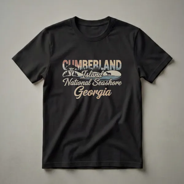Retro graphic t-shirt featuring the words Cumberland Island National Seashore Georgia, with a landscape scene of trees, water, and a horse in muted vintage colors.
