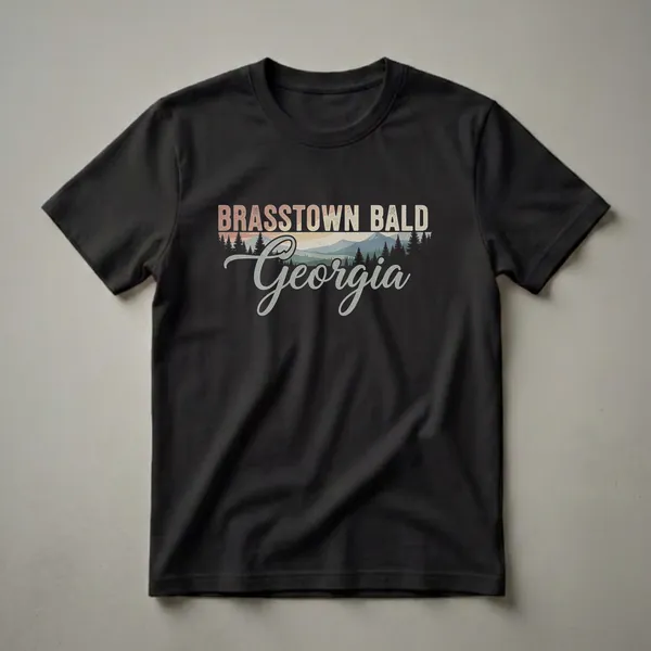 Black t-shirt with a retro graphic design featuring 'BRASSTOWN BALD' and 'Georgia' over a stylized mountain range and pine trees.